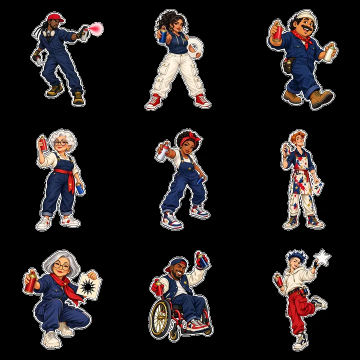 Patriotic graffiti sprayers showing diverse characters in a grid - AI-generated stock image