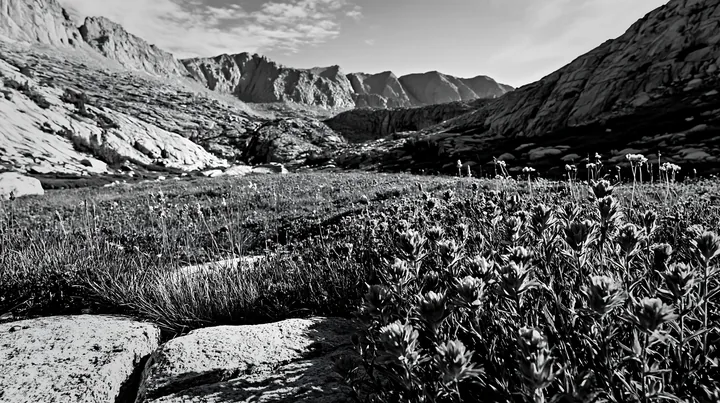Mountain flower meadow with rocky hills and waterfalls - AI-generated stock image