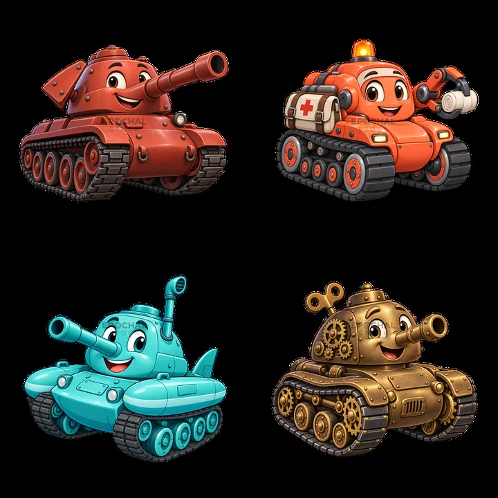 Cartoon tank stickers in a 2x2 grid with various colors - AI-generated stock image