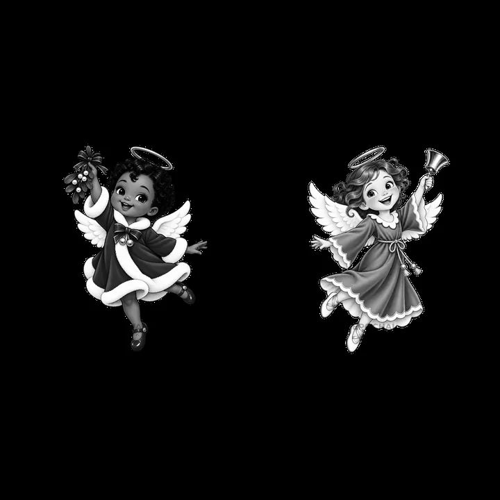 Cartoon angels celebrating Christmas with bell and mistletoe - AI-generated stock image