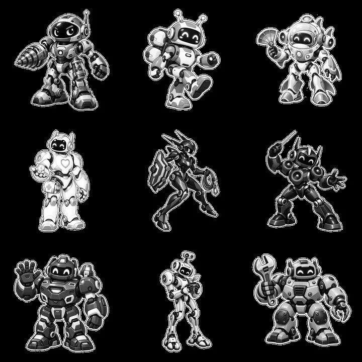 Nine unique mech robot stickers in a 3x3 grid layout - AI-generated stock image