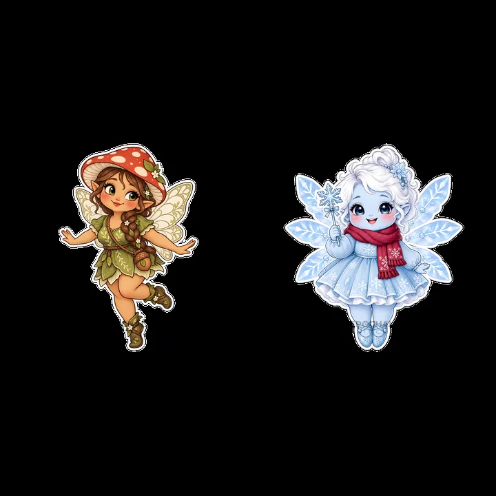 Kawaii chubby fairy duo with mushroom hat and winter attire - AI-generated stock image