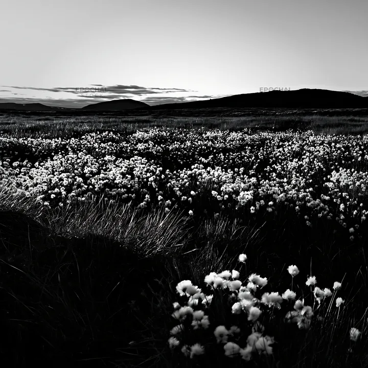 Black and white cottongrass meadow glow at sunset across a vast landscape - AI-generated stock image