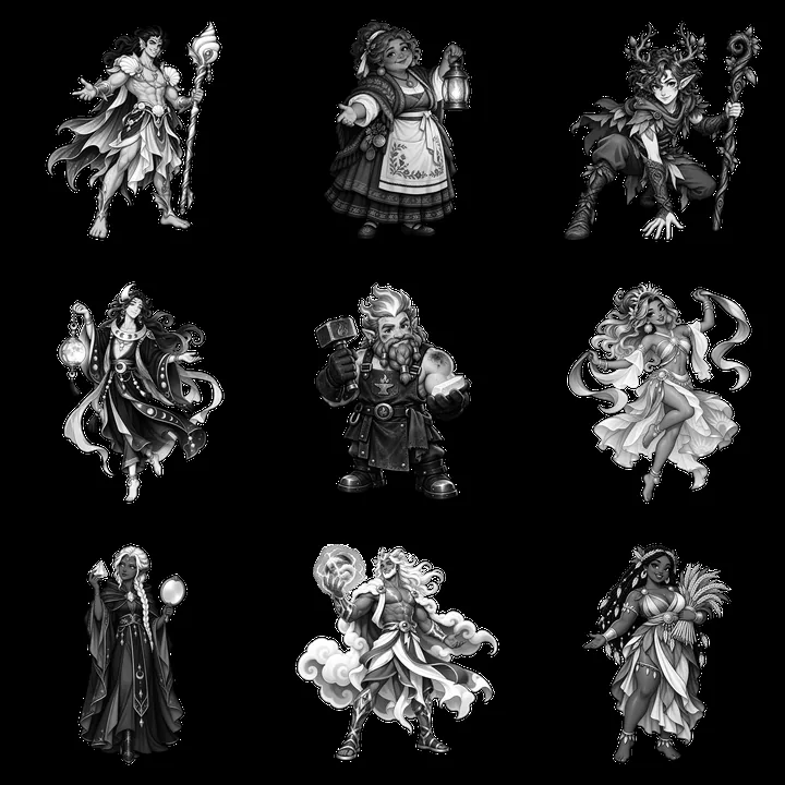 Pagan gods in monochrome cartoon sticker illustration - AI-generated stock image