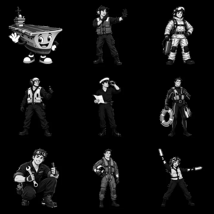 Cartoon characters on an aircraft carrier in a 3x3 grid - AI-generated stock image