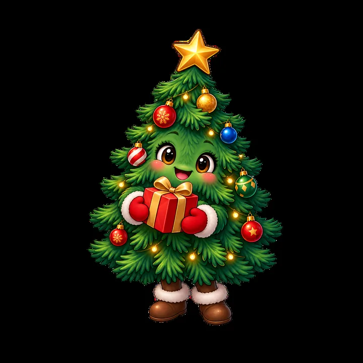 Cute cartoon Christmas tree character holding a gift box - AI-generated stock image