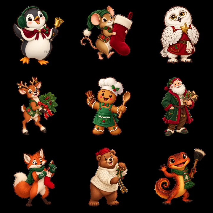 Christmas characters and animals around a fireplace - AI-generated stock image