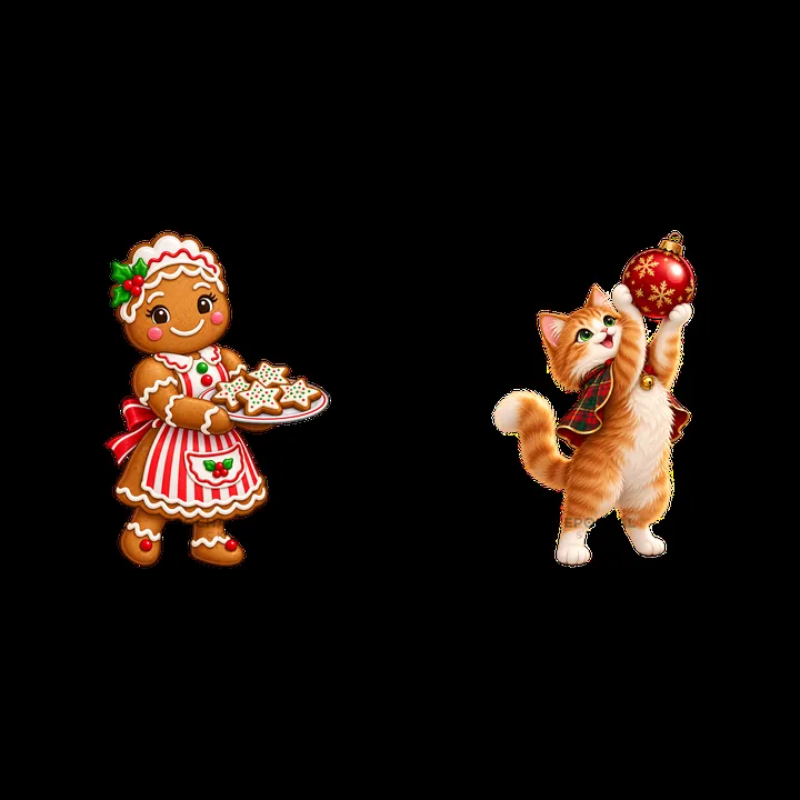 Gingerbread girl with cookies and cat holding Christmas ornament - AI-generated stock image