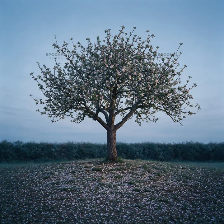Apple blossom meadow with a blooming tree at dusk - AI-generated stock image