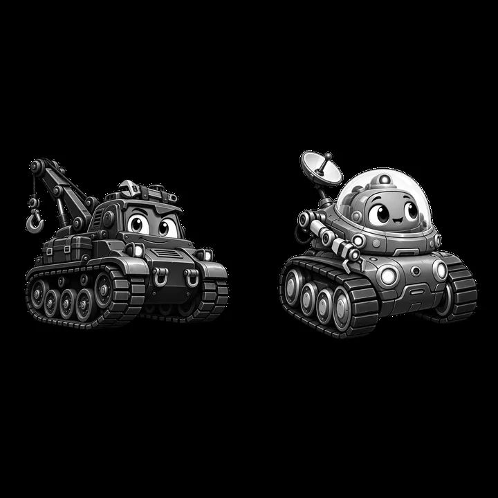 Cartoon tank vehicles with a crane and a satellite dish - AI-generated stock image
