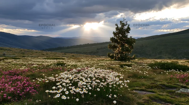 Christmas tree in meadow under bright sky - AI-generated stock image