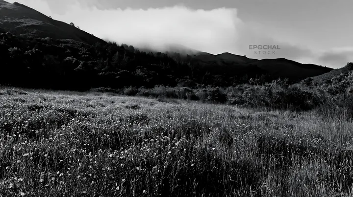 Cloudy foothill meadow with wildflowers in black and white - AI-generated stock image