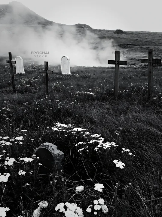 Christian crosses near geothermal spring in meadow - AI-generated stock image