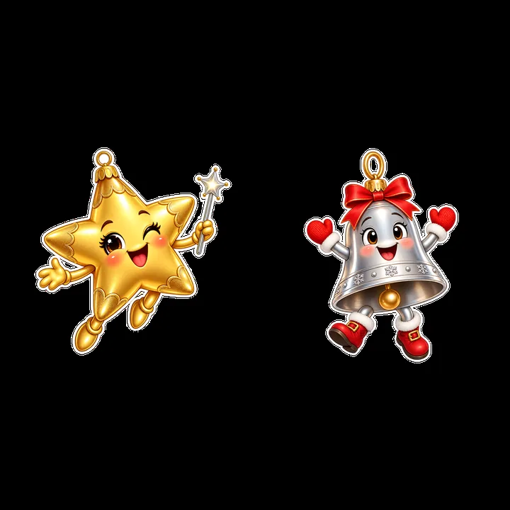 Cute star and bell cartoon ornaments with cheerful expressions - AI-generated stock image
