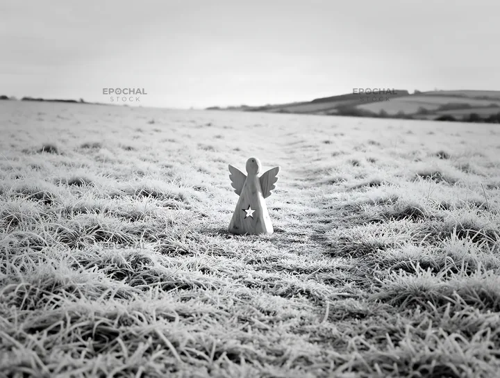 Meadow winter angel stands alone in a frosty landscape - AI-generated stock image