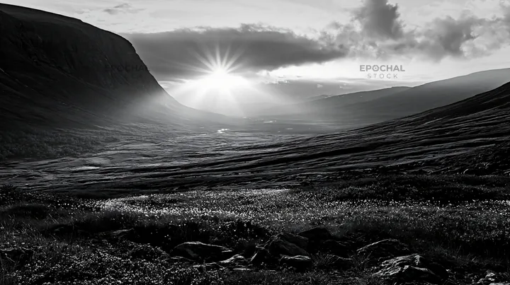 Black and white jotunheimen valley meadow sunbeams create striking landscape - AI-generated stock image