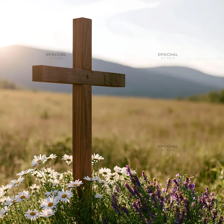 Christian cross in a summer meadow with flowers - AI-generated stock image