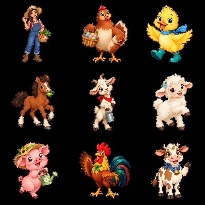 Farm characters engaging with animals and crops in a lively scene - AI-generated stock image