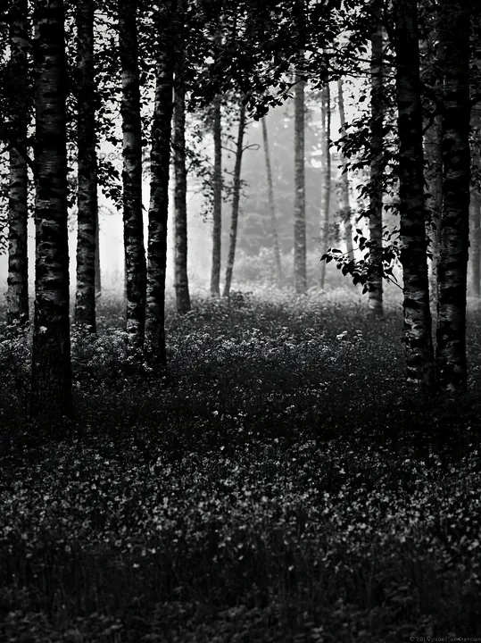 Misty forest meadow with trees and flowers - AI-generated stock image