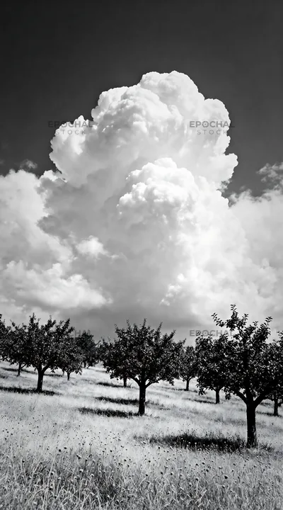 Black and white hillside apple meadow with trees and clouds - AI-generated stock image
