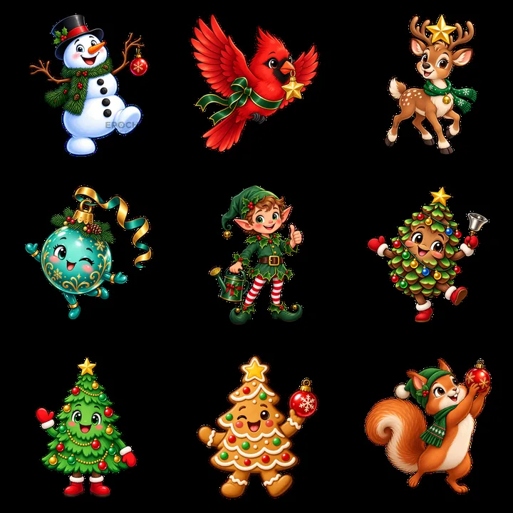 Christmas characters and decorations in a festive 3x3 layout - AI-generated stock image