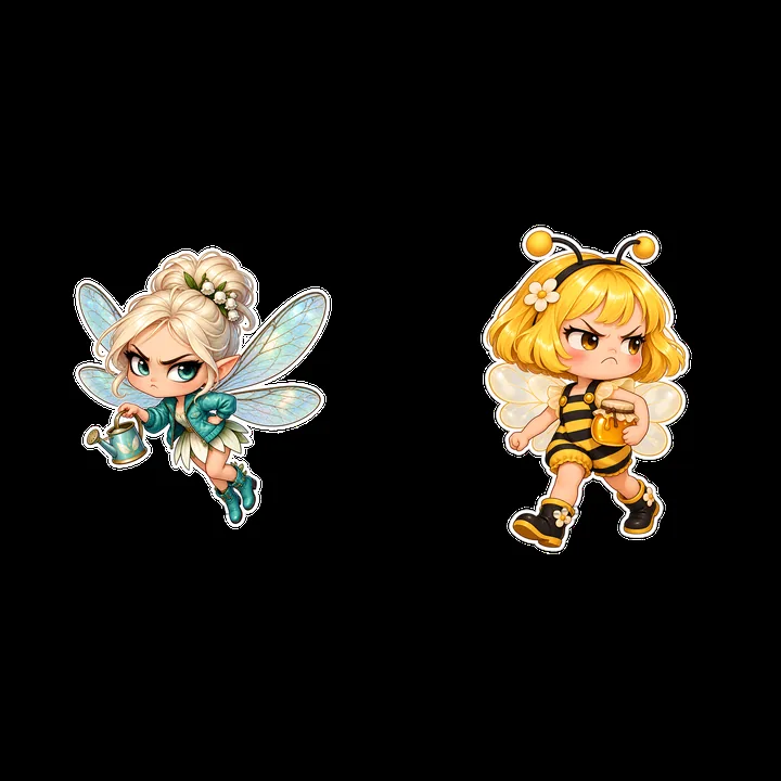 Kawaii grumpy fairy and bee character sticker pair illustration - AI-generated stock image