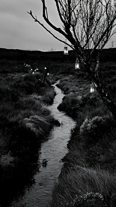Christmas lights beside stream in meadow - AI-generated stock image