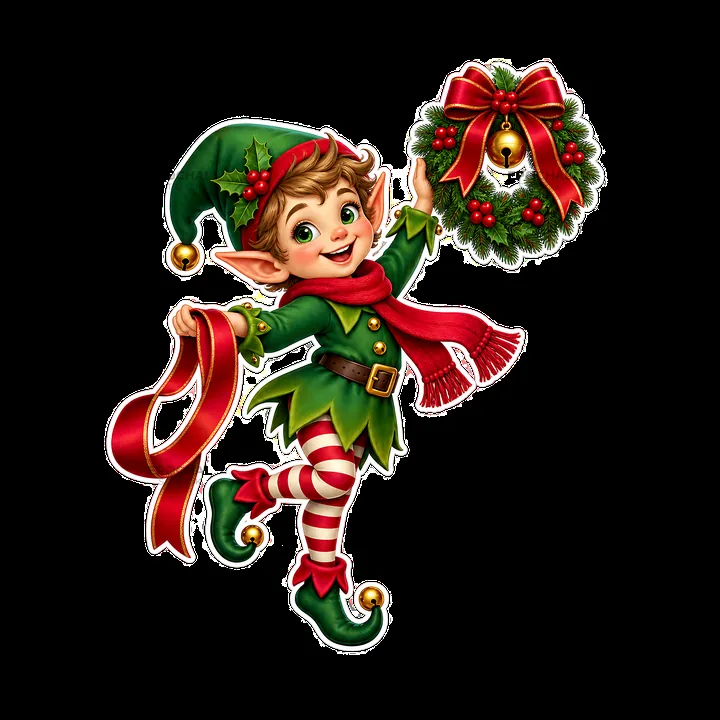 Christmas elf holding a wreath with a red ribbon and bell - AI-generated stock image