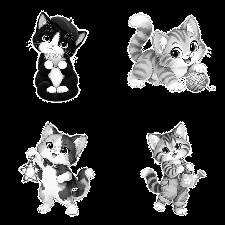 Four cute kawaii cats with different activities and accessories - AI-generated stock image