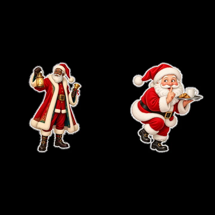 Santa Claus holding a lantern and carrying cookies and milk - AI-generated stock image