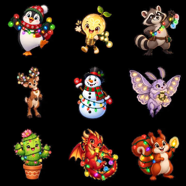 Cute cartoon characters with string lights in a 3x3 grid - AI-generated stock image
