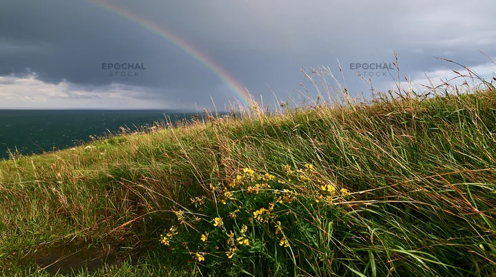 Clifftop meadow with wildflowers and rainbow over sea - AI-generated stock image