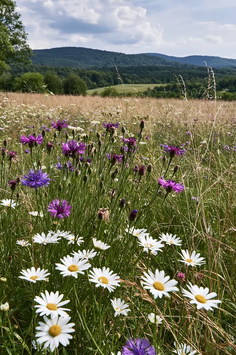 Meadow flowers in the German foothills under a blue sky - AI-generated stock image