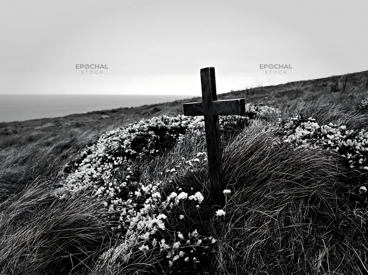 Christian cross in a Christmas meadow with flowers - AI-generated stock image