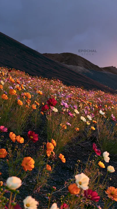 Colorful cosmos meadow in mountains at sunset - AI-generated stock image