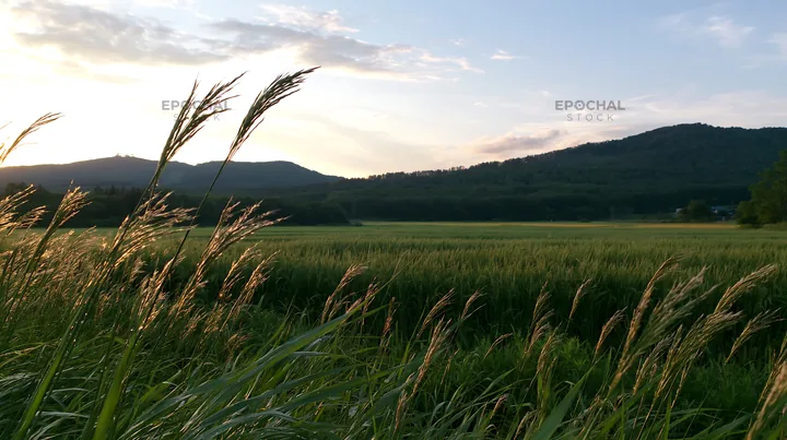 Iwate rain refreshed meadow seedhead foreground at sunset - AI-generated stock image