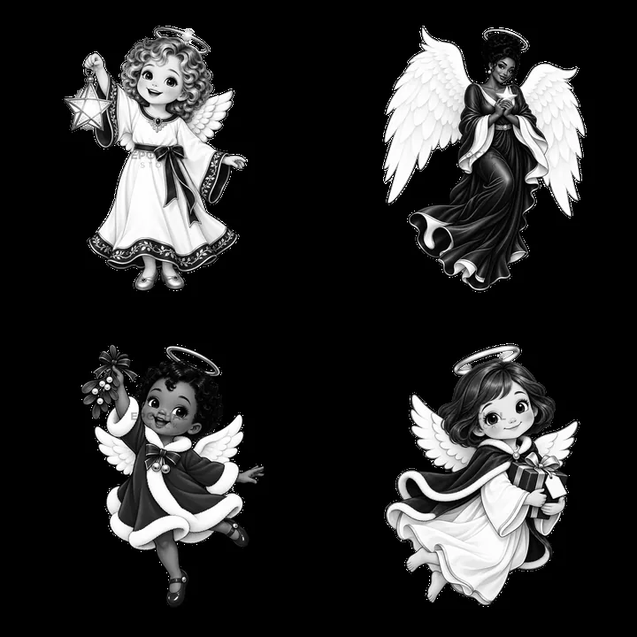 Christmas angels in black-and-white cartoon style, 2x2 layout - AI-generated stock image