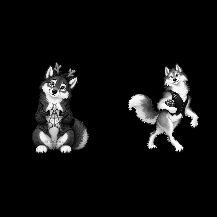 Christmas wolves with decorations and festive accessories - AI-generated stock image