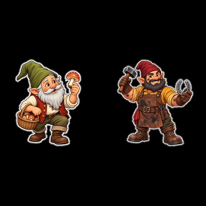 Gnome with mushrooms and gnome with tools in a playful pose - AI-generated stock image