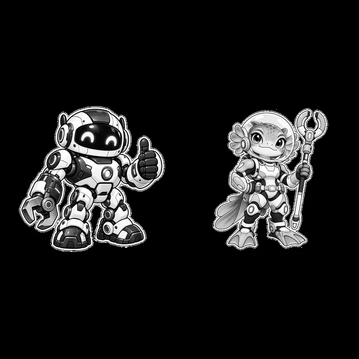 Kawaii futuristic super-soldiers in black-and-white illustration - AI-generated stock image