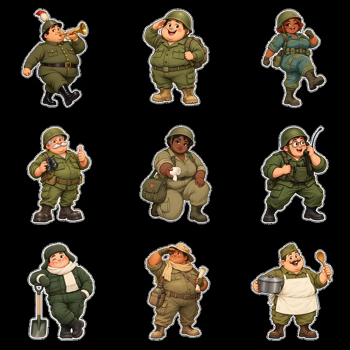 Chubby cartoon soldiers with various expressions and props - AI-generated stock image