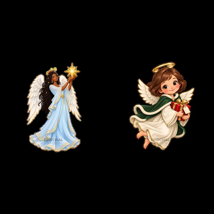 Two Christmas angels with gifts and stars - AI-generated stock image