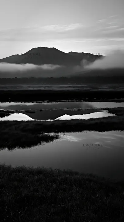 Shiga wetland meadow at dusk with mountains in the background - AI-generated stock image