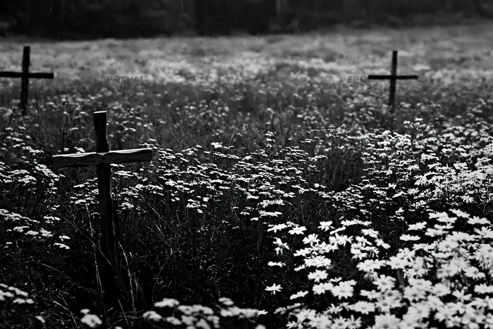 Christian crosses in rain soaked meadow with flowers - AI-generated stock image
