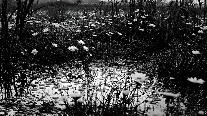 Black and white niigata floodplain restoration meadow dew foreground - AI-generated stock image