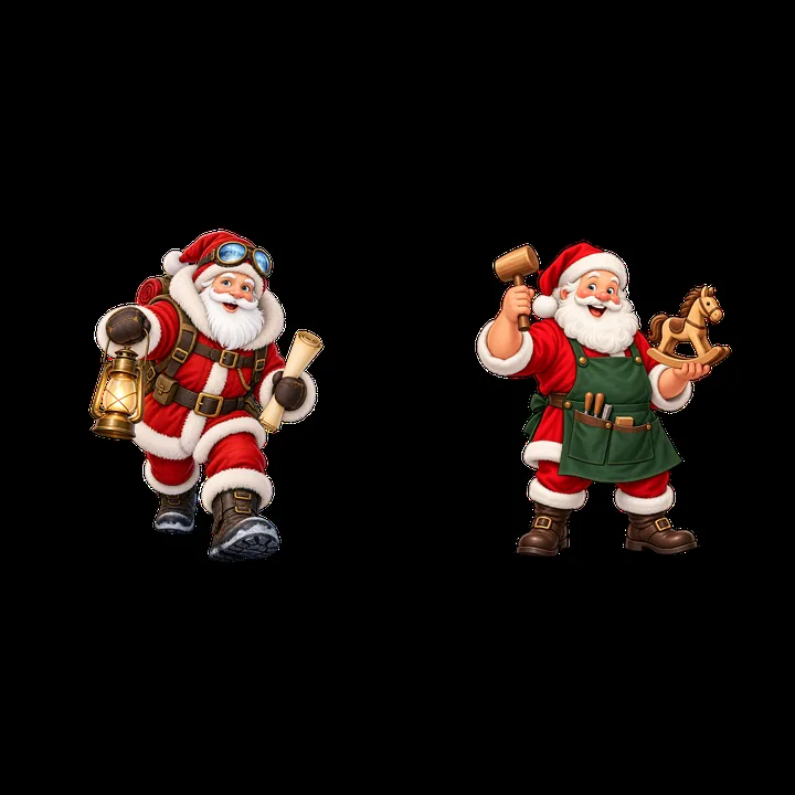 Santa Claus carrying a lantern and Santa with a toy horse - AI-generated stock image