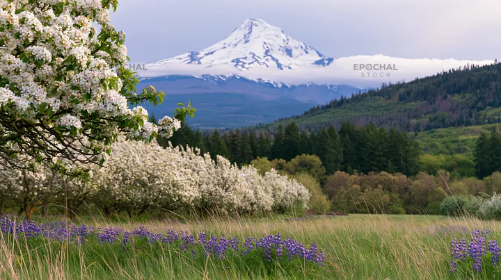 Spring orchard meadow with mountain in the background - AI-generated stock image