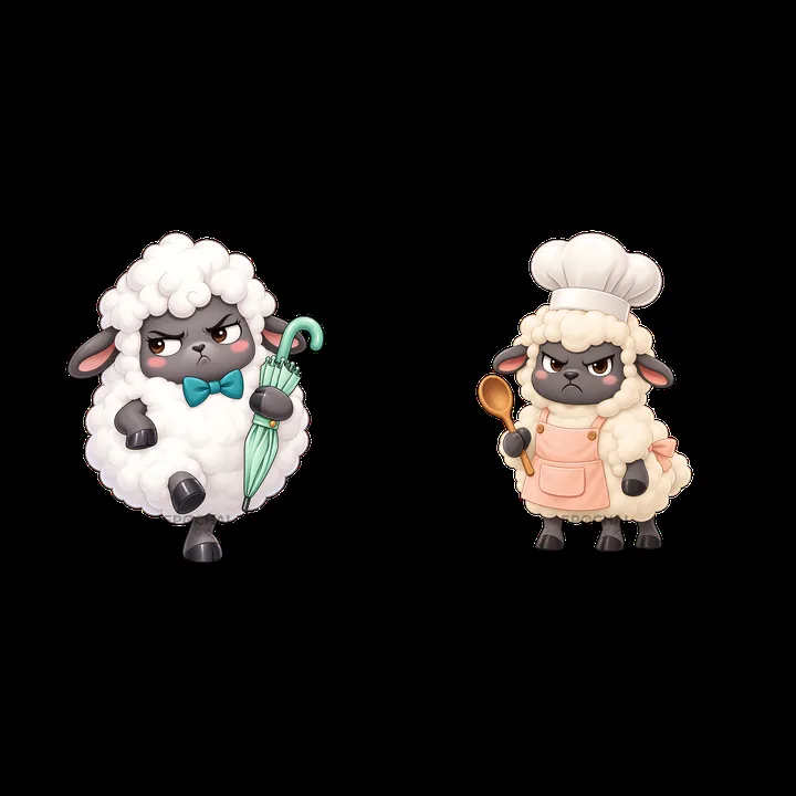 Grumpy sheep with umbrella and sheep chef holding spoon - AI-generated stock image