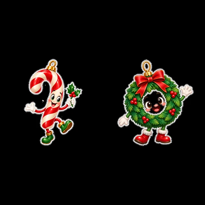 Candy cane and Christmas wreath cartoon ornaments with faces - AI-generated stock image