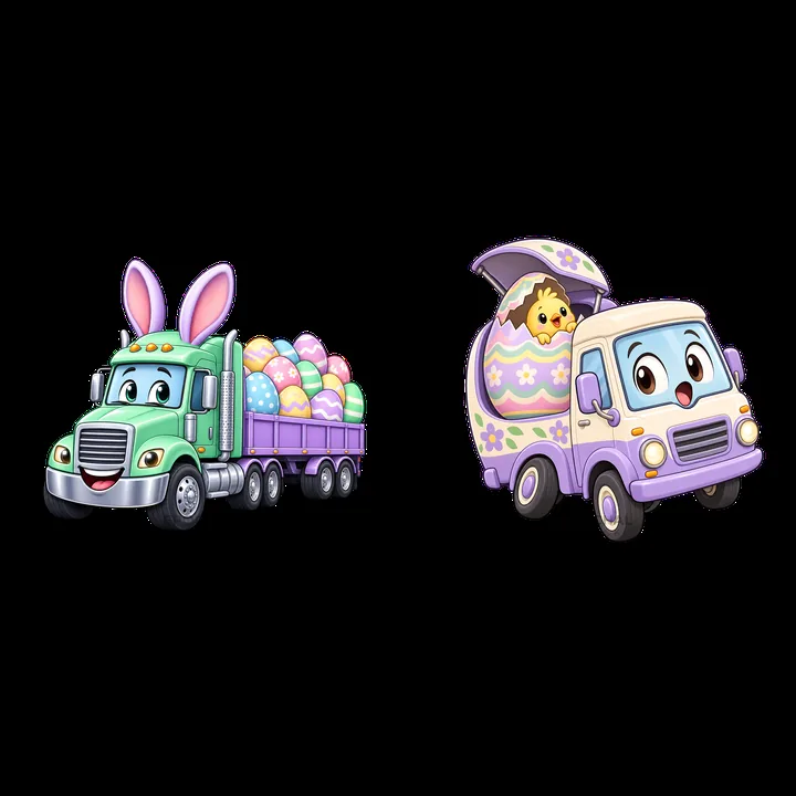 Easter truck with bunny ears carrying eggs and a playful animal - AI-generated stock image